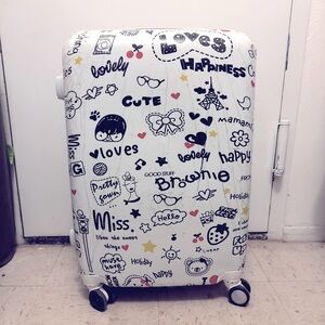 26” Cute White Suitcase with Black and Red Doodles